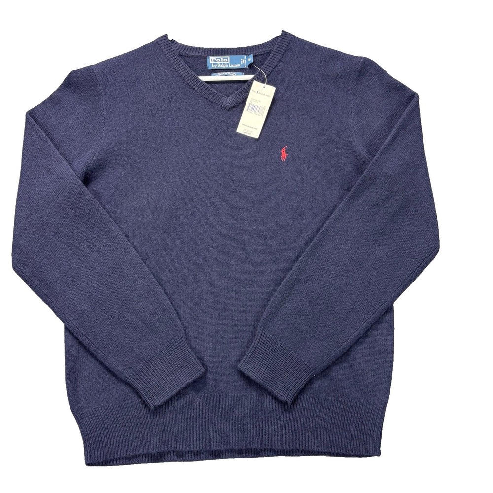 Polo Ralph Lauren Sweater Mens Medium Blue 100% Lambswool V-Neck Knit Preppy NEW